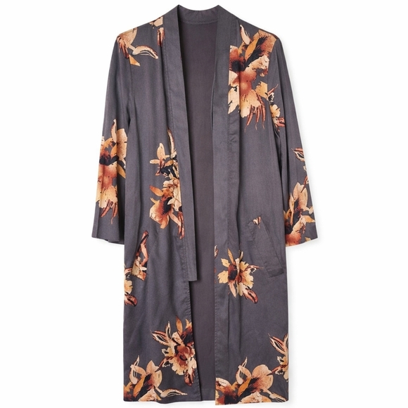 Free People Sweaters - Free People Boho Floral Duster Kimono Cardigan Charcoal Grey Open Front S